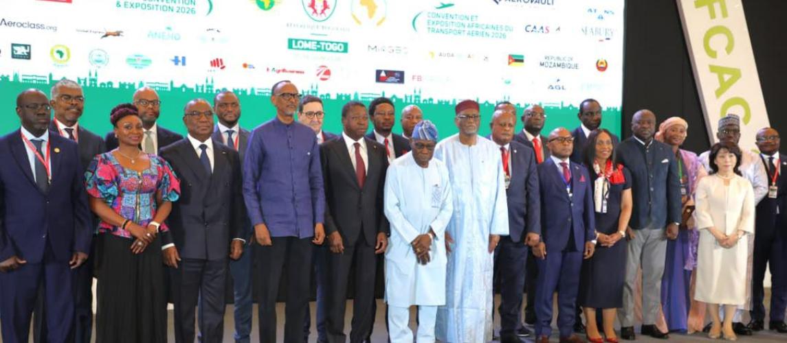 Miniter Sirleaf R. Tyler in photograph with participants at  the African Air Transport Convention & Expo 2026 in Lome, Togo